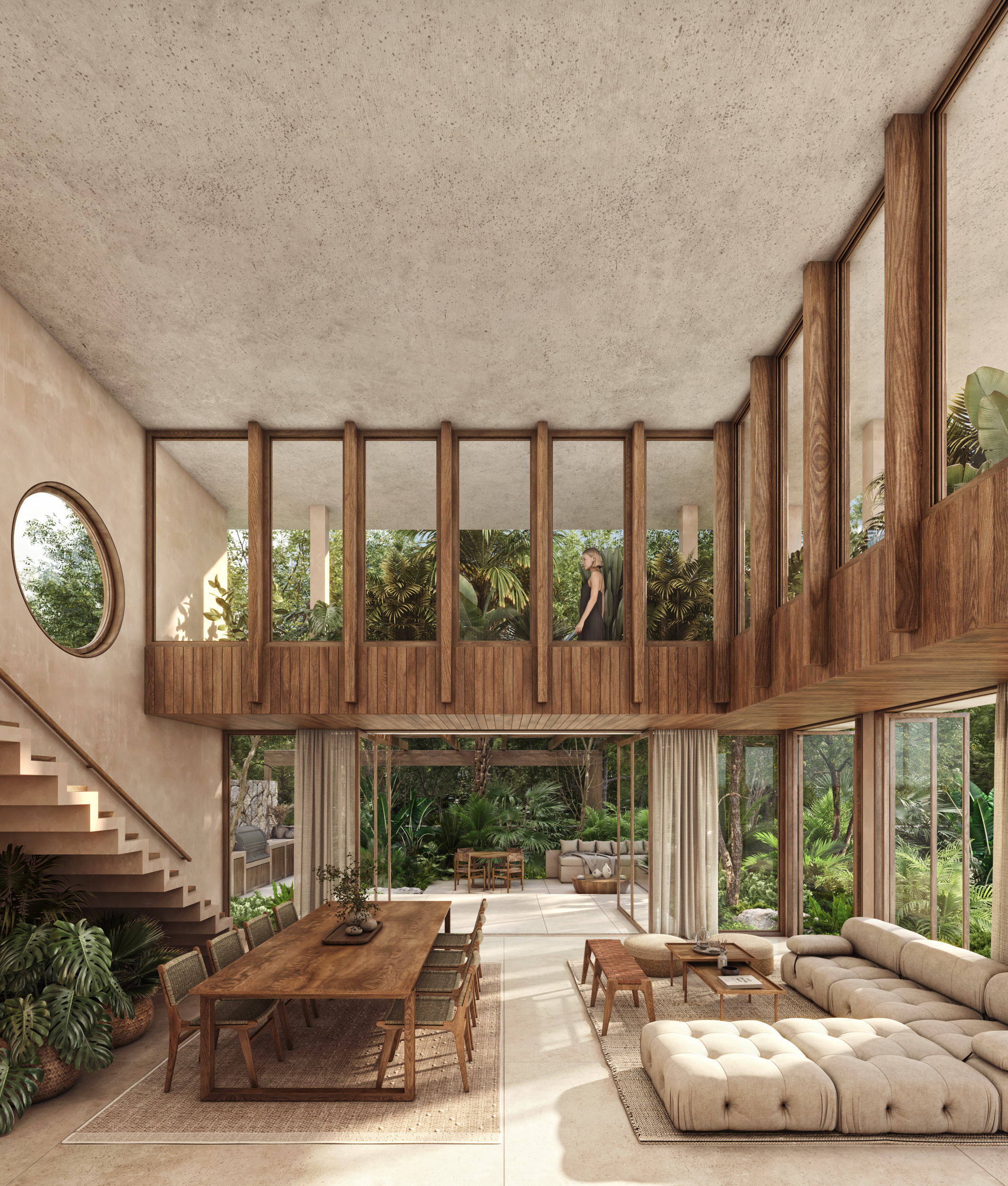 Villa interior with double-height living space